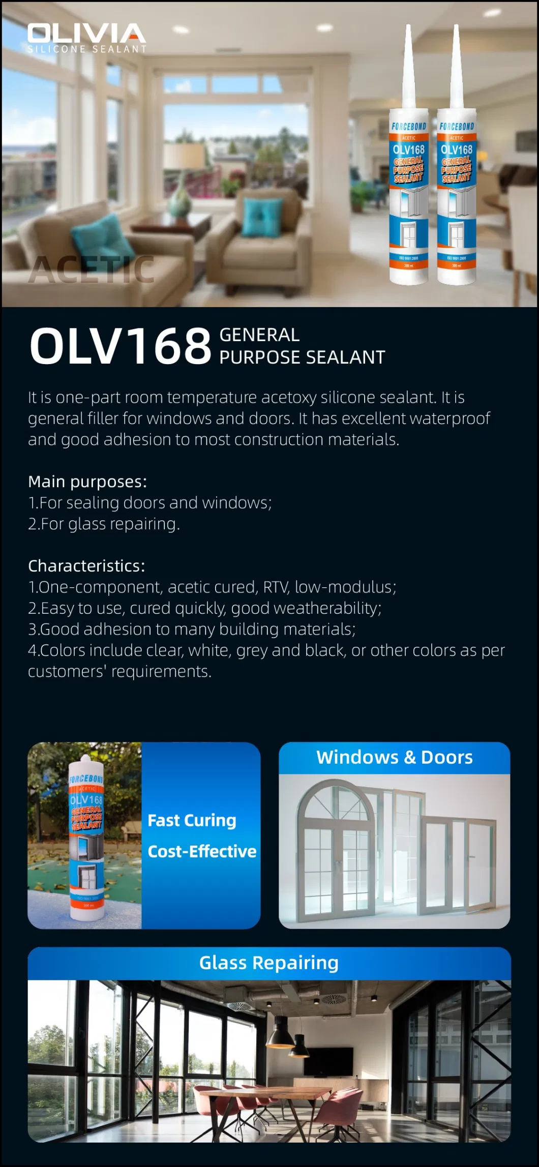 Low Price Olv168 Acetic Silicone Sealant Construction Materials Glass Usage